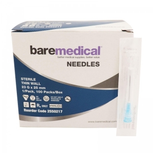 Bare Medical Hypo Needles 23g x 25mm - Box 100